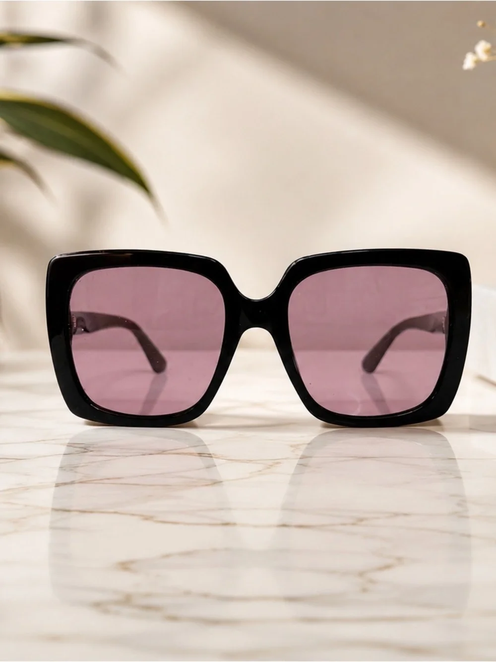Gucci GG 0418S Black Square Sunglasses with Pink Lenses and Crystal Logo